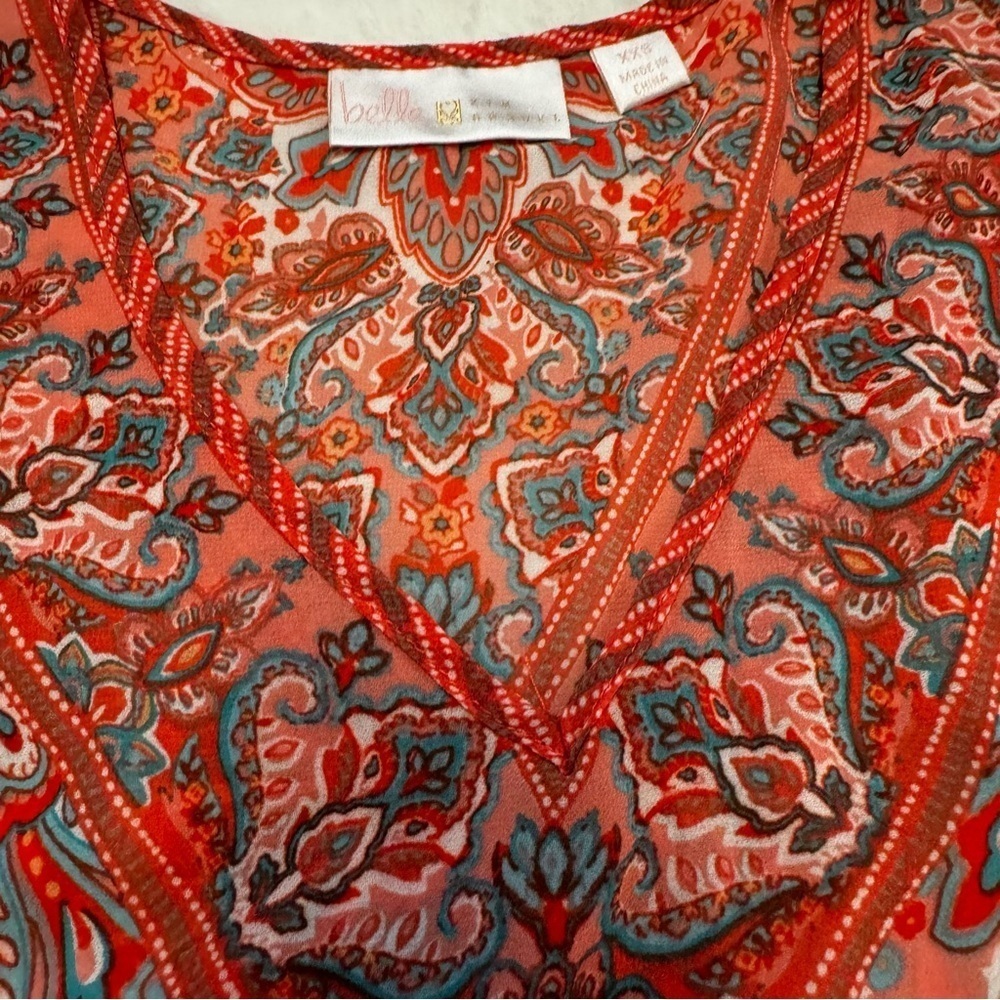 Belle by Kim Gravel Size XXS Paisley Print Bell Sleeve Blouse Top Side Slit NEW - Picture 5 of 15